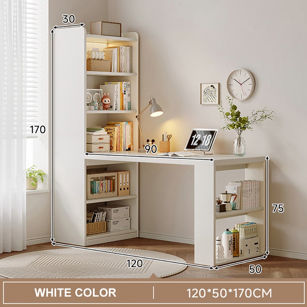 Bokhylla med skrivbord / datorbord med hyllor och förvaring 120 x 50 x 170 cm – vit