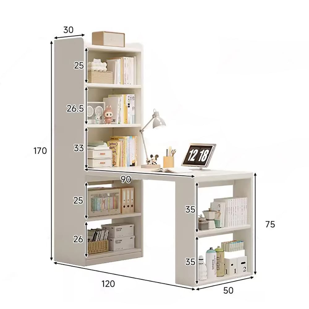 Bokhylla med skrivbord / datorbord med hyllor och förvaring 120 x 50 x 170 cm – vit
