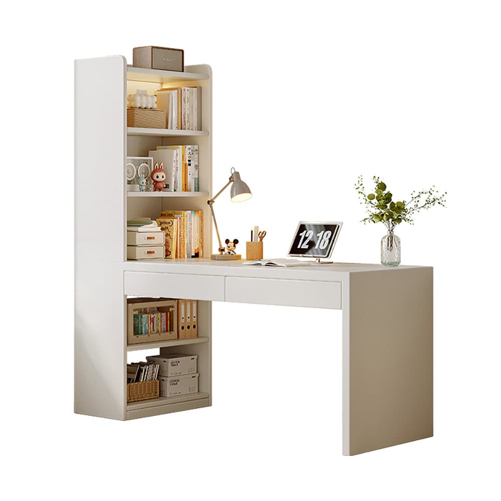 Bokhylla med skrivbord / datorbord med öppna hyllor och 2 lådor 140 x 50 x 170 cm – vit