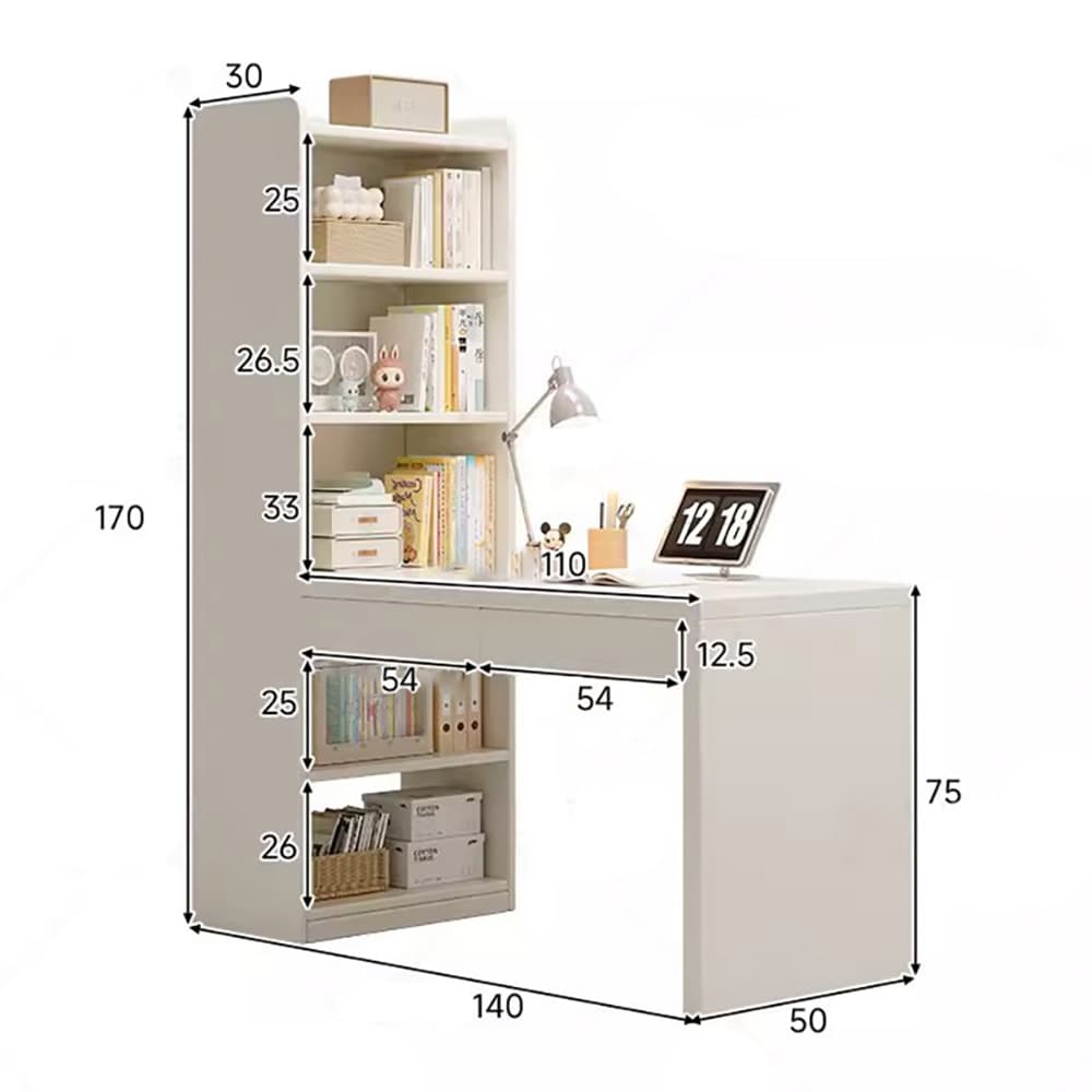 Bokhylla med skrivbord / datorbord med öppna hyllor och 2 lådor 140 x 50 x 170 cm – vit