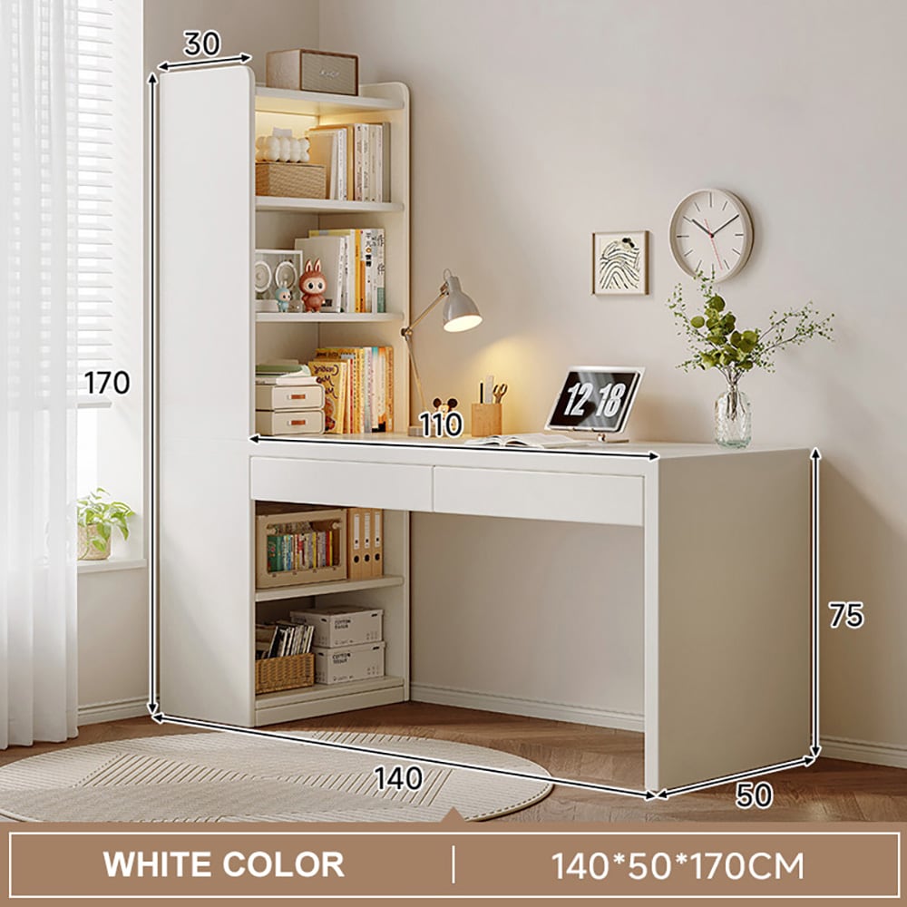 Bokhylla med skrivbord / datorbord med öppna hyllor och 2 lådor 140 x 50 x 170 cm – vit