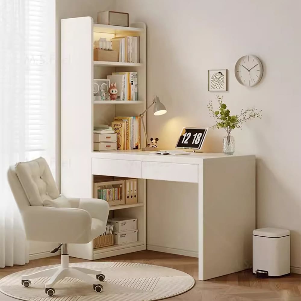 Bokhylla med skrivbord / datorbord med öppna hyllor och 2 lådor 140 x 50 x 170 cm – vit