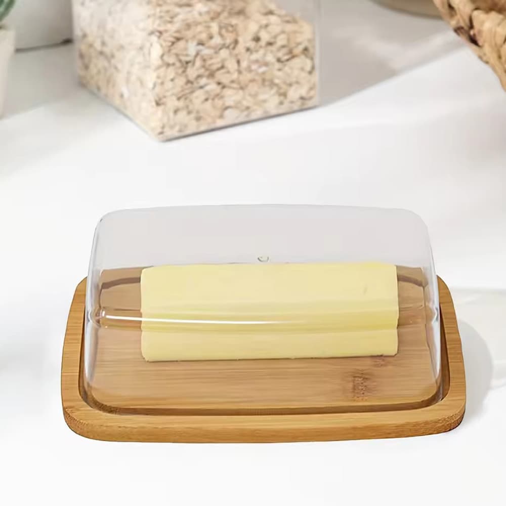 Smörask i bambu / smörlåda med transparent lock och serveringsbricka 24×18×7,5 cm