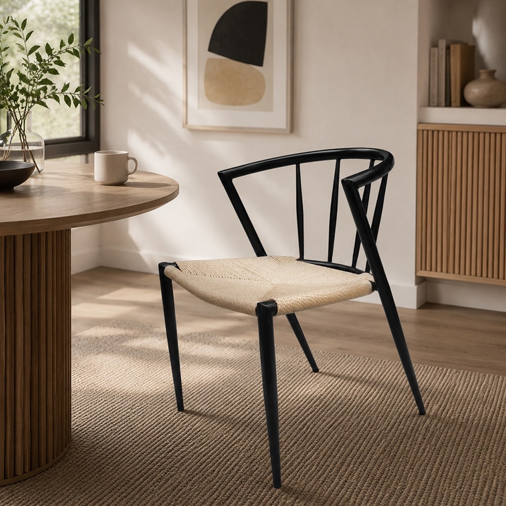 Matstol med karmstolsdesign / stol med svart metallram och flätad sits i naturfärgat jutesnöre 44×46×70 cm
