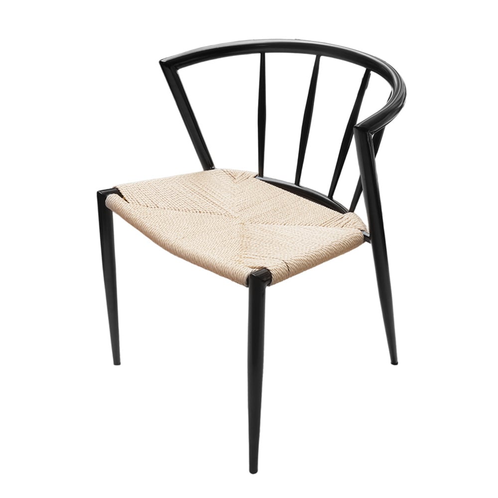 Matstol med karmstolsdesign / stol med svart metallram och flätad sits i naturfärgat jutesnöre 44×46×70 cm