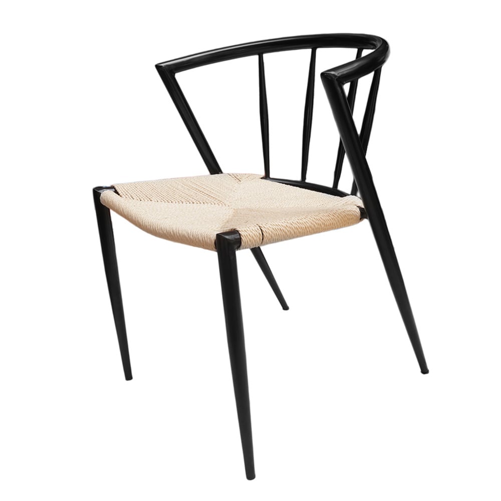 Matstol med karmstolsdesign / stol med svart metallram och flätad sits i naturfärgat jutesnöre 44×46×70 cm