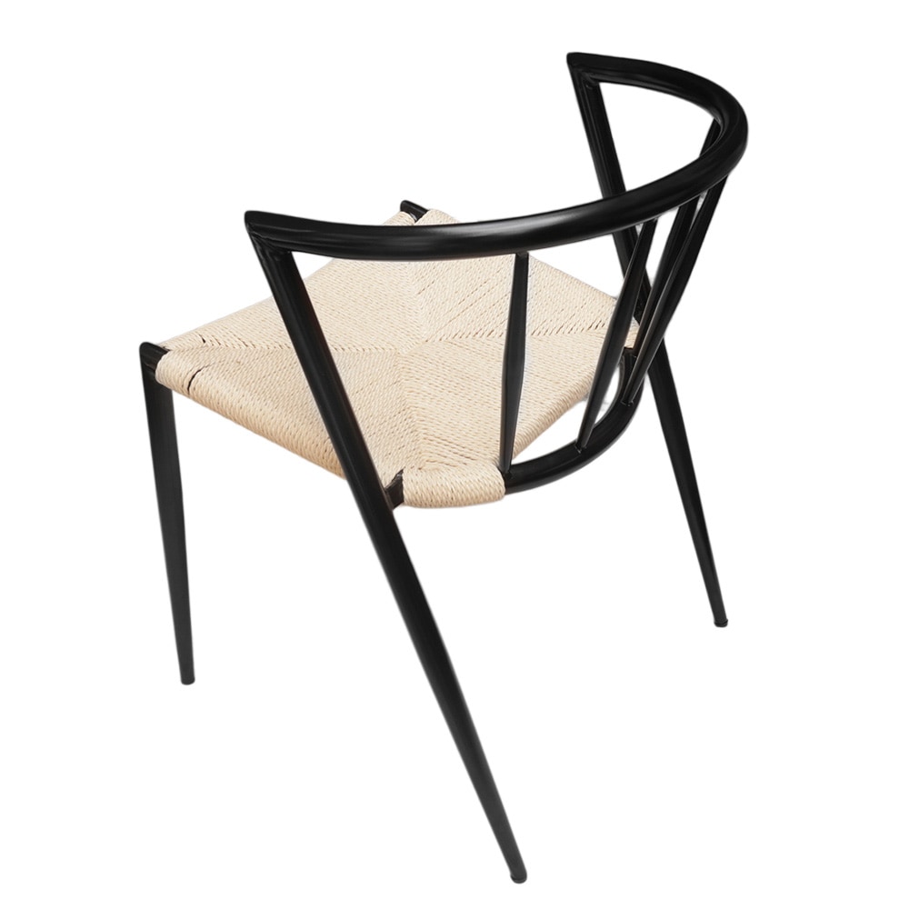 Matstol med karmstolsdesign / stol med svart metallram och flätad sits i naturfärgat jutesnöre 44×46×70 cm