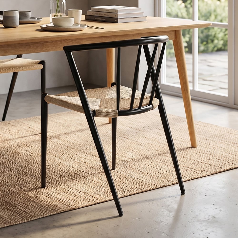 Matstol med karmstolsdesign / stol med svart metallram och flätad sits i naturfärgat jutesnöre 44×46×70 cm