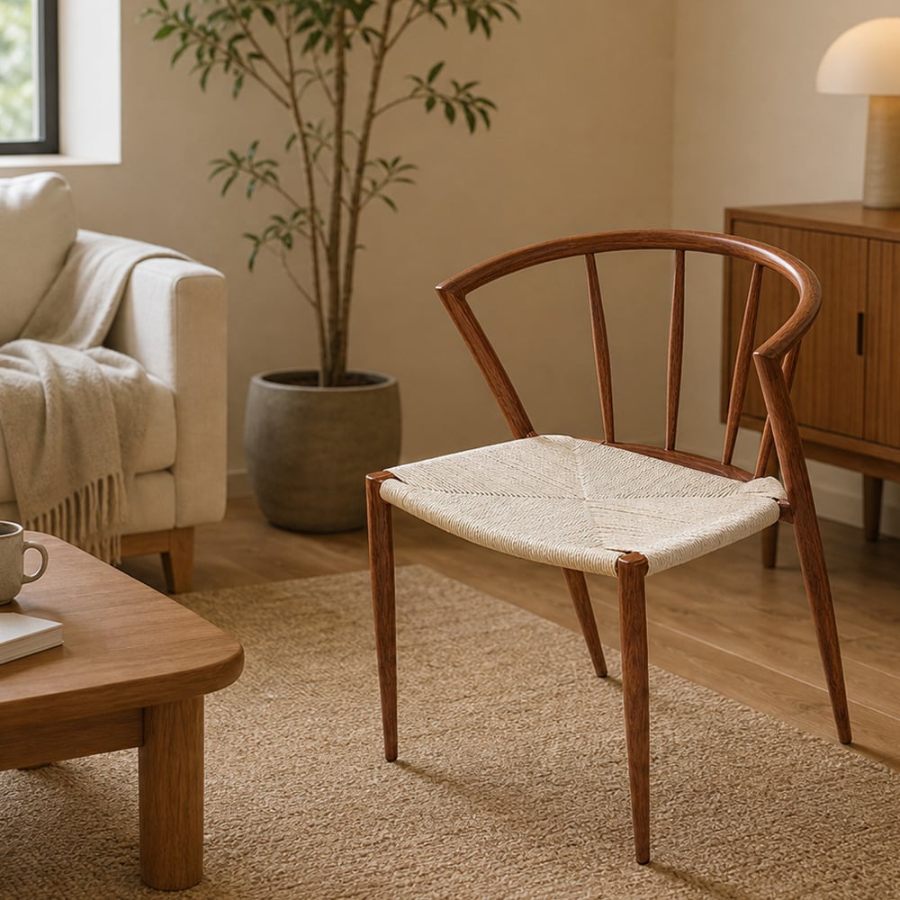 Matstol med karmstolsdesign / brun stol med flätad sits i naturfärgat jutesnöre 44×46×70 cm
