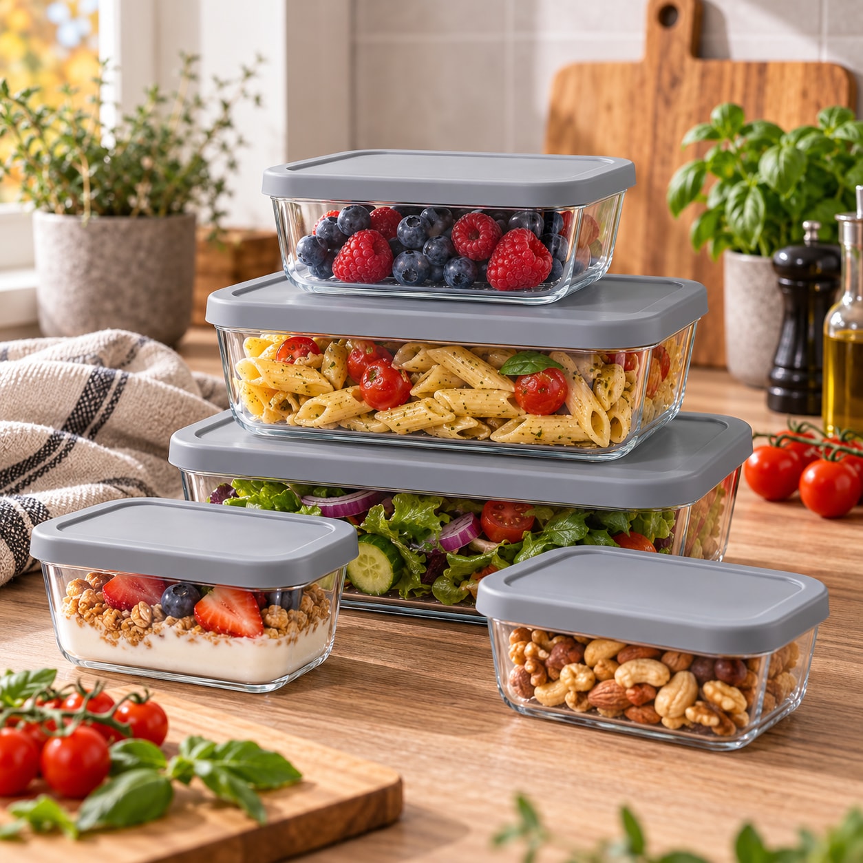 Förvaringsburkar i glas med lock 5-pack - Grå / Matburkar / Förvaringsbehållare
