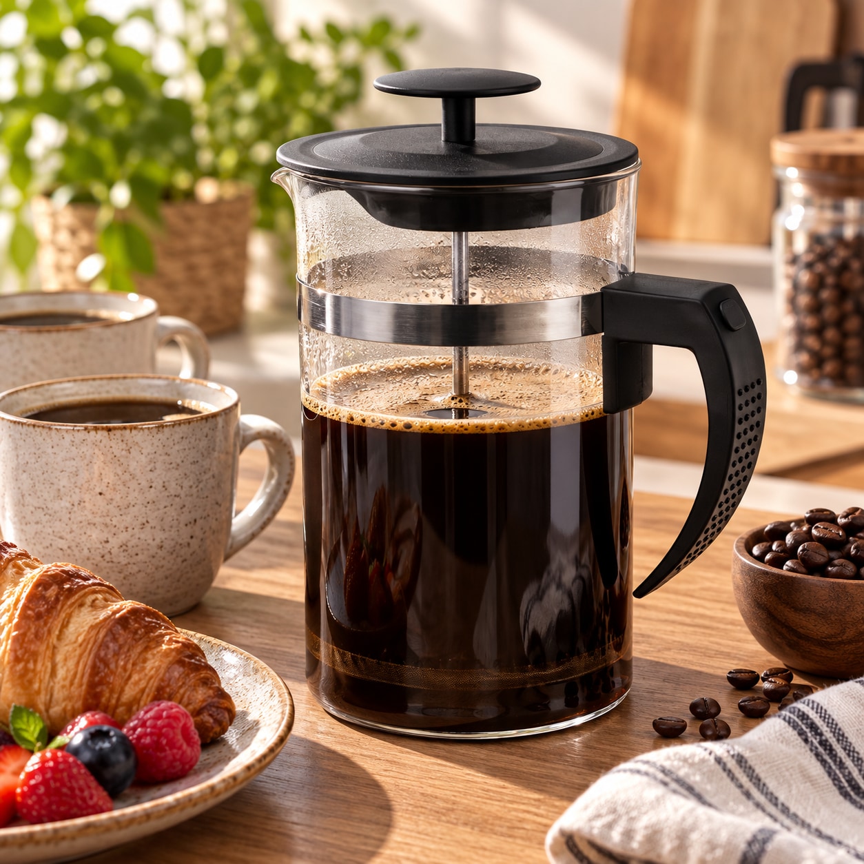 Presskanna för kaffe i glas 1 liter - Svart / Fransk press / Kaffepress
