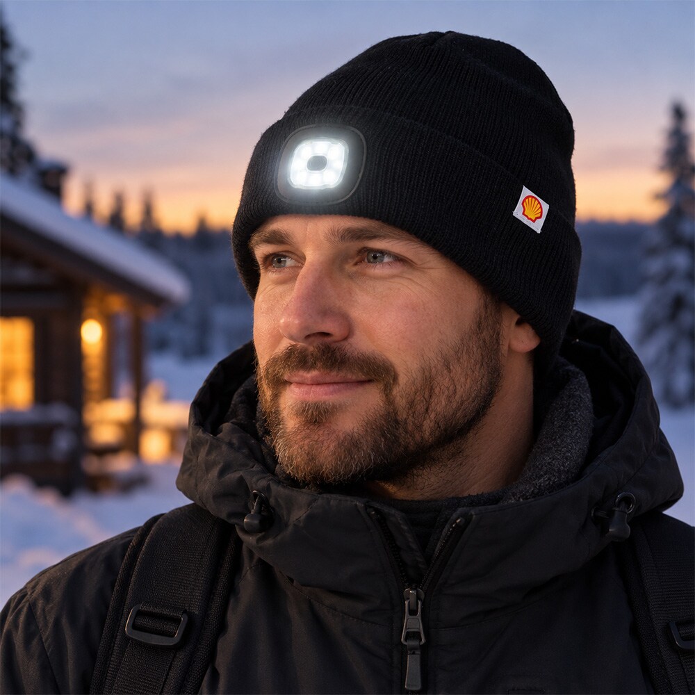 Stickad mössa med LED-belysning och Shell-logga / LED-mössa / Mössa med ljus