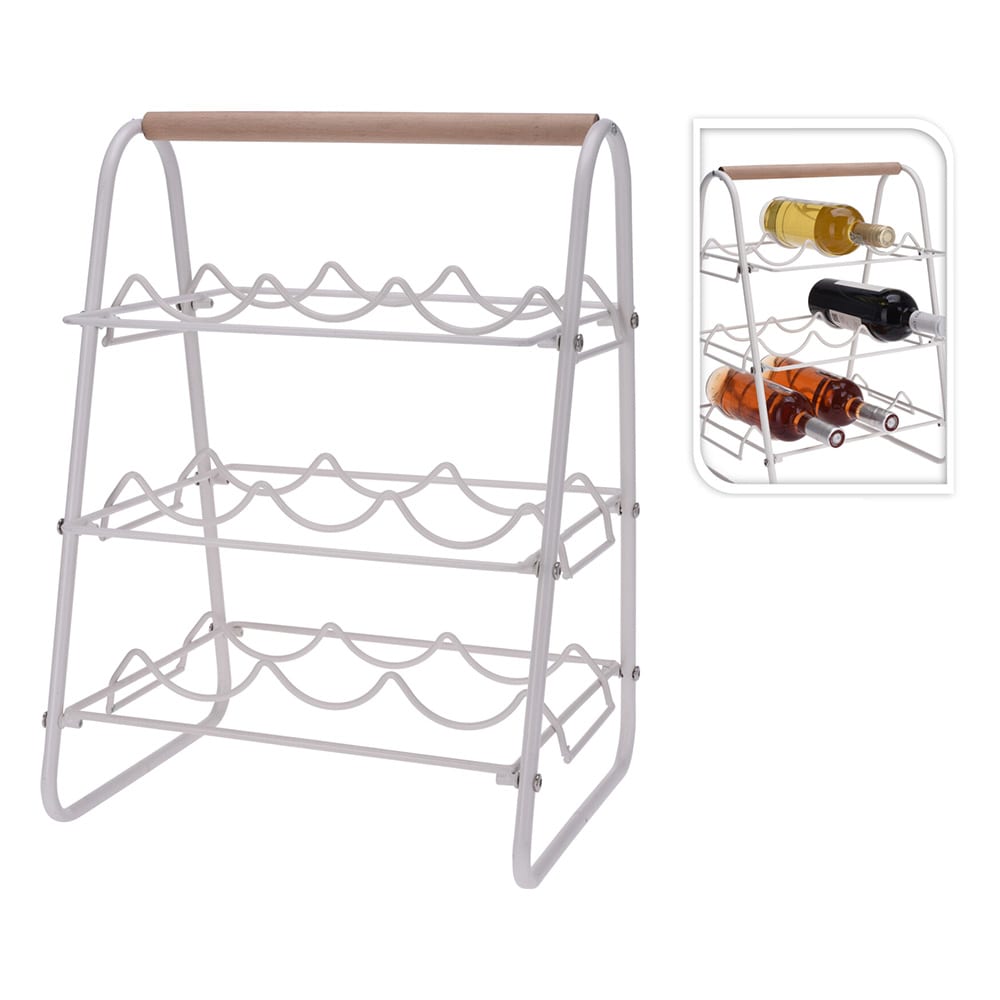 Vinreol i metal og bøgetræ til 9 flasker, 33x29x46 cm – Off-white / Vinreol / Flaskereol