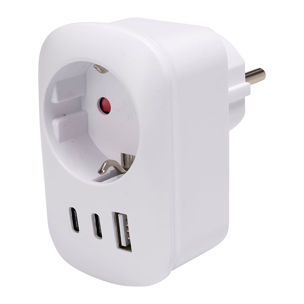 Stickproppsadapter med uttag och 2 USB-portar (C+A) - Vit / USB-adapter / Uttagsfördelare