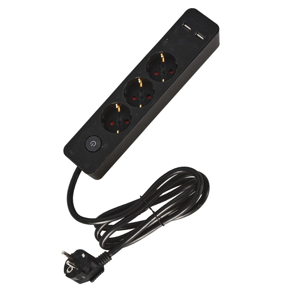 Grenuttag 3-vägs med 2 USB-portar och strömbrytare 1,4m - Svart / Förgreningsdosa / USB-grenuttag