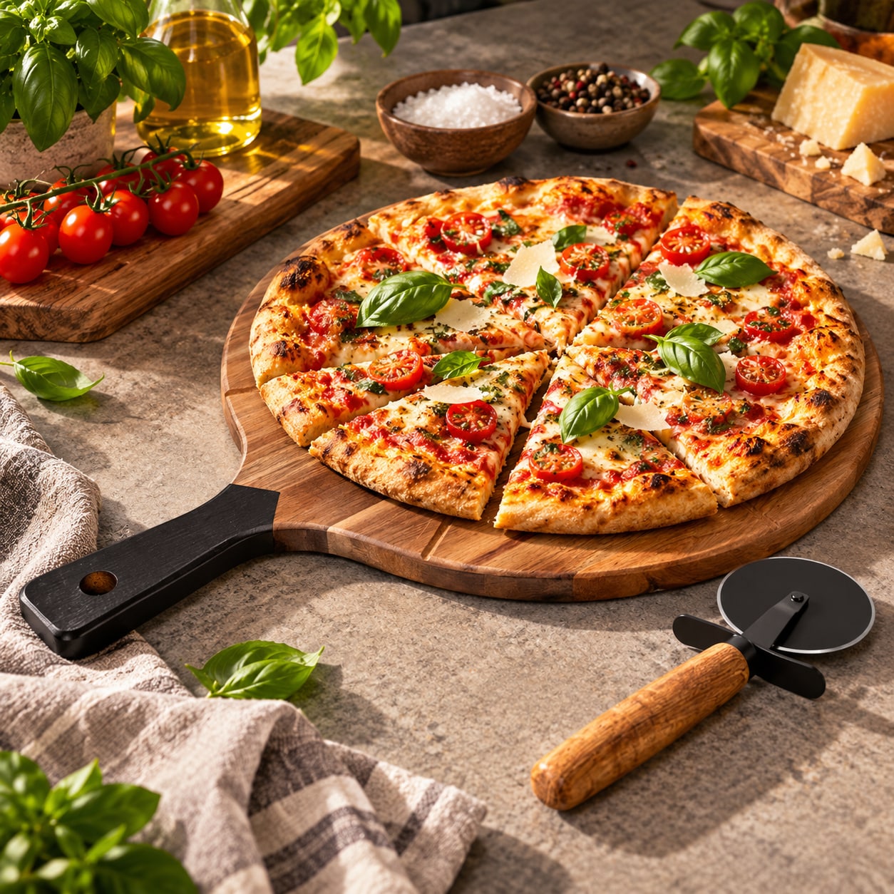 Pizzabricka i akaciaträ Ø30cm med pizzaskärare 2 delar / Pizzabräda / Pizzaserveringsset