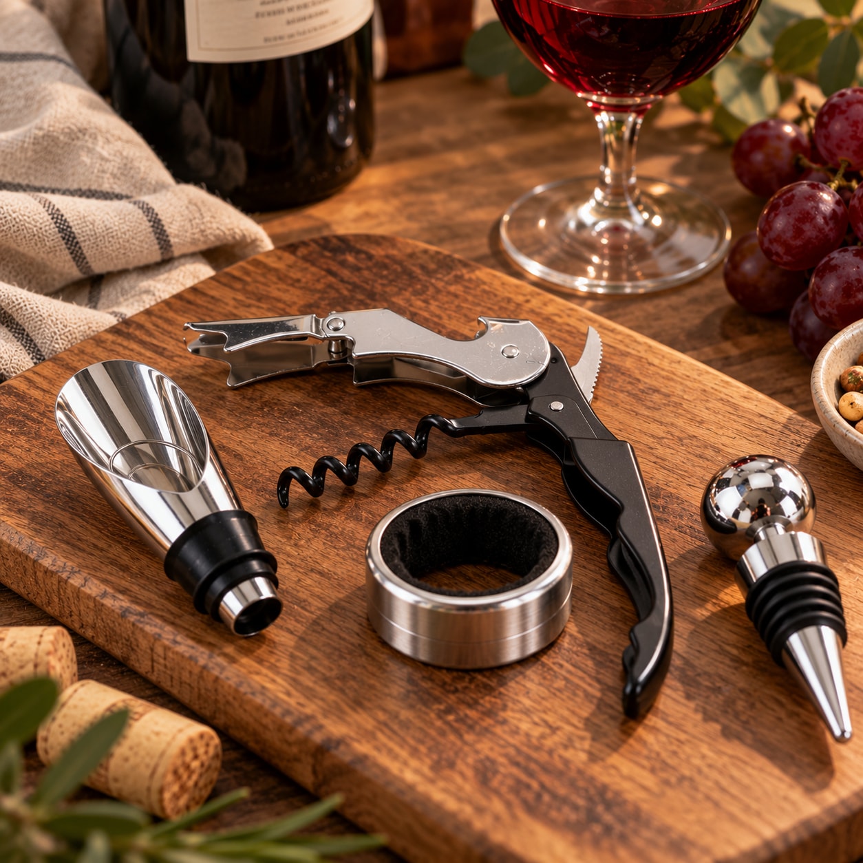 Vinset 4 delar - öppnare, droppstopp, propp och hällpip - Silver/Svart / Vinset / Vinverktyg