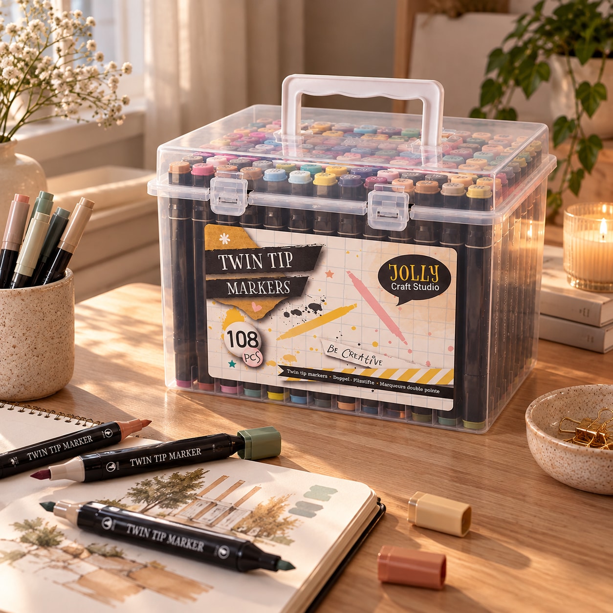 Tuschpennor med dubbelspets 108-pack i box / Tuschmarkörer / Dubbelspetspennor