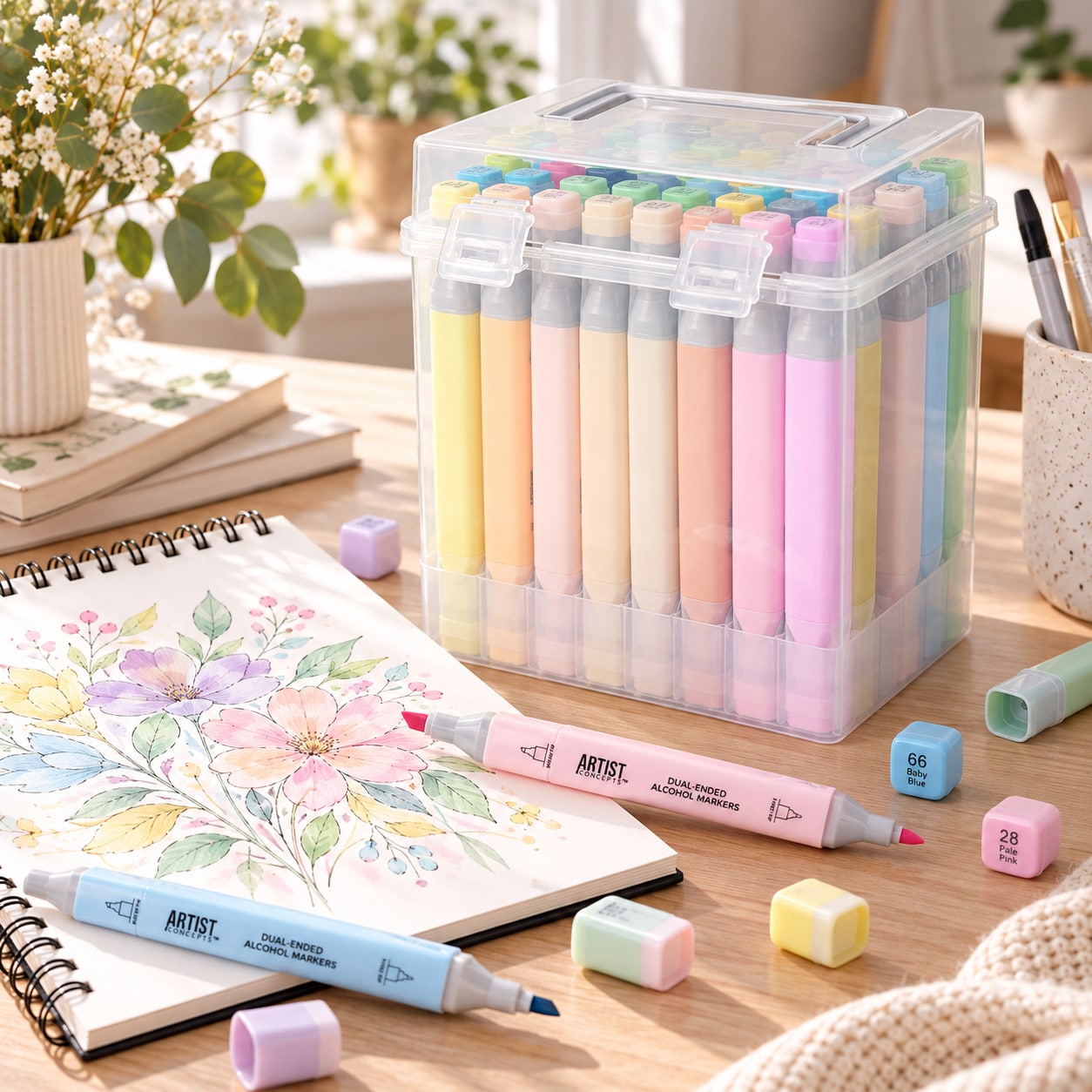 Tuschpennor med dubbelspets i pastellfärger 48-pack i box / Dubbeltuschpennor / Pastellmarkers