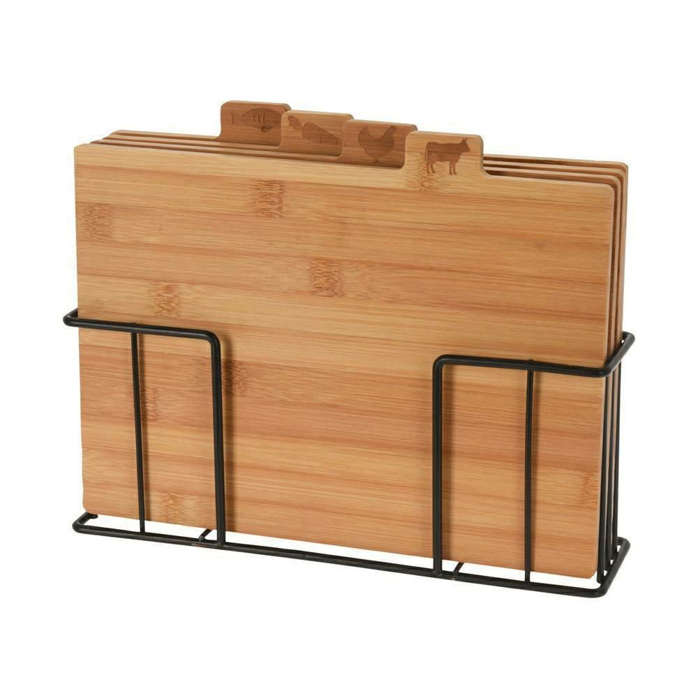 Skärbrädor i bambu 4-pack med ställ i metall / Bambuskärbrädor / Skärbrädeset