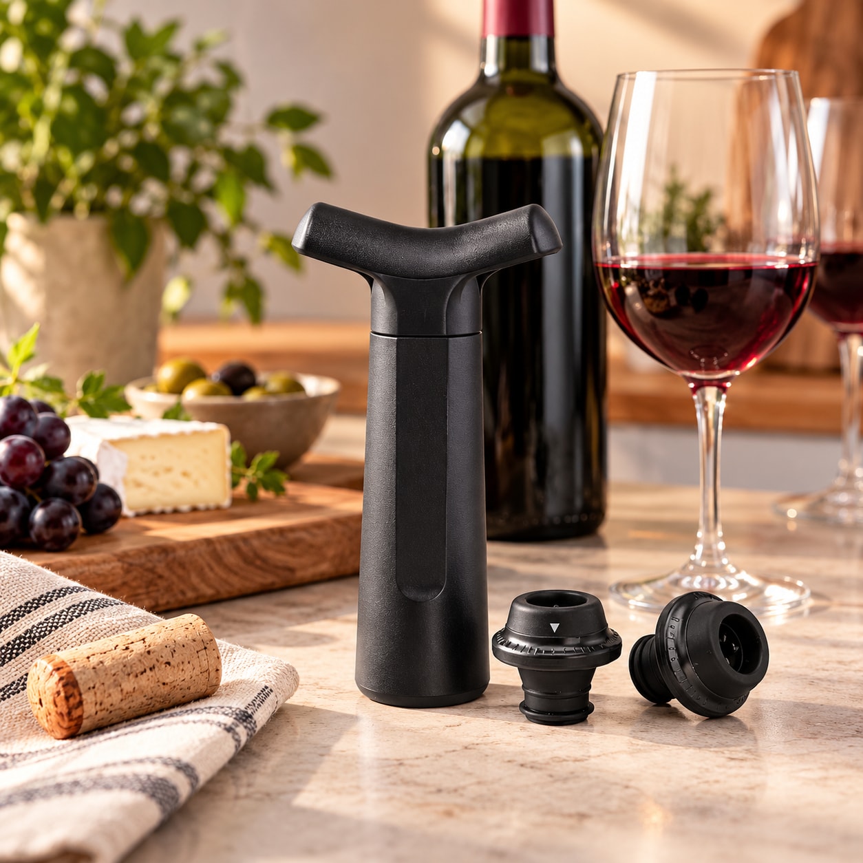 Vinpump med 2 flaskproppar - Svart / Vakuumvinpump / Vinförvaringsset