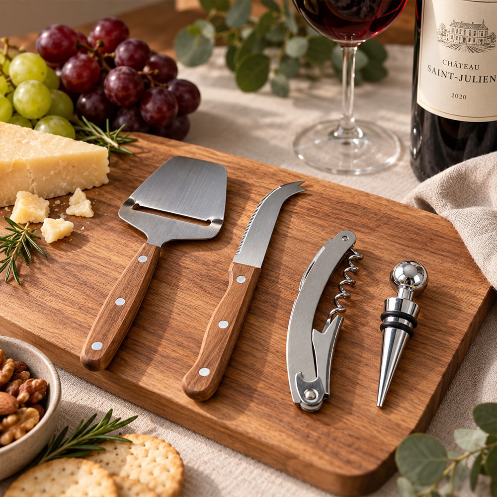 Vin- och ostset 4 delar i akaciaträ och rostfritt stål / Ost- och vintillbehör / Serveringsset