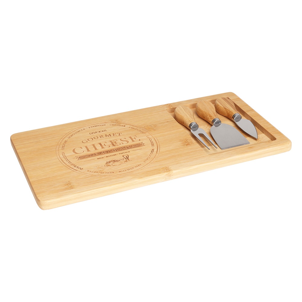 Ostbricka i bambu 38x18,5cm med 3 ostknivar / Ostbräda med knivar / Ostserveringsset