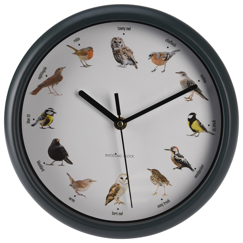 Väggklocka Ø25cm med fågelsång varje timme - Grön / Fågelklocka / Väggur med fågelljud