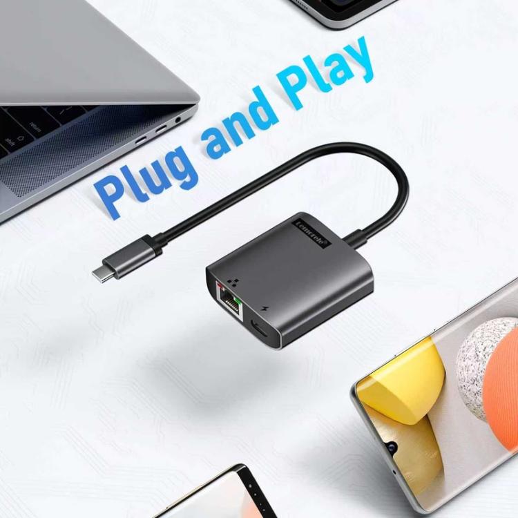 Lemorele TC35 USB-C-hubb / USB-C-adapter med Gigabit Ethernet, USB och PD-laddning – Grå