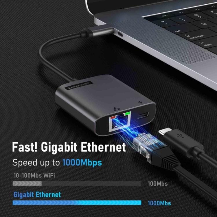 Lemorele TC35 USB-C-hubb / USB-C-adapter med Gigabit Ethernet, USB och PD-laddning – Grå