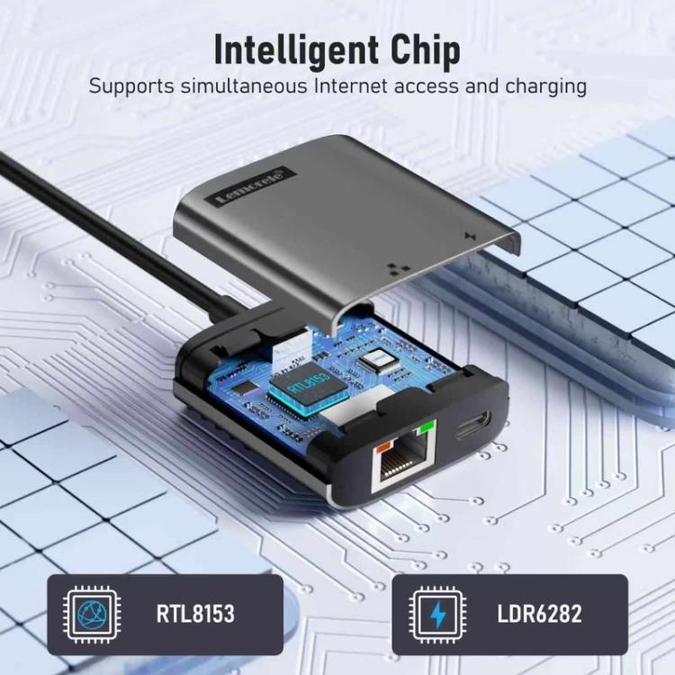 Lemorele TC35 USB-C-hubb / USB-C-adapter med Gigabit Ethernet, USB och PD-laddning – Grå