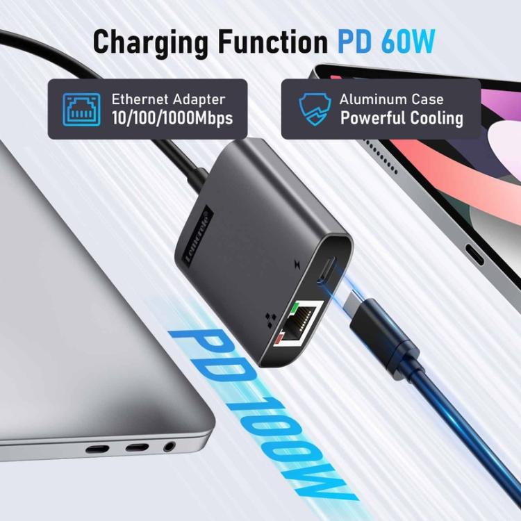 Lemorele TC35 USB-C-hubb / USB-C-adapter med Gigabit Ethernet, USB och PD-laddning – Grå