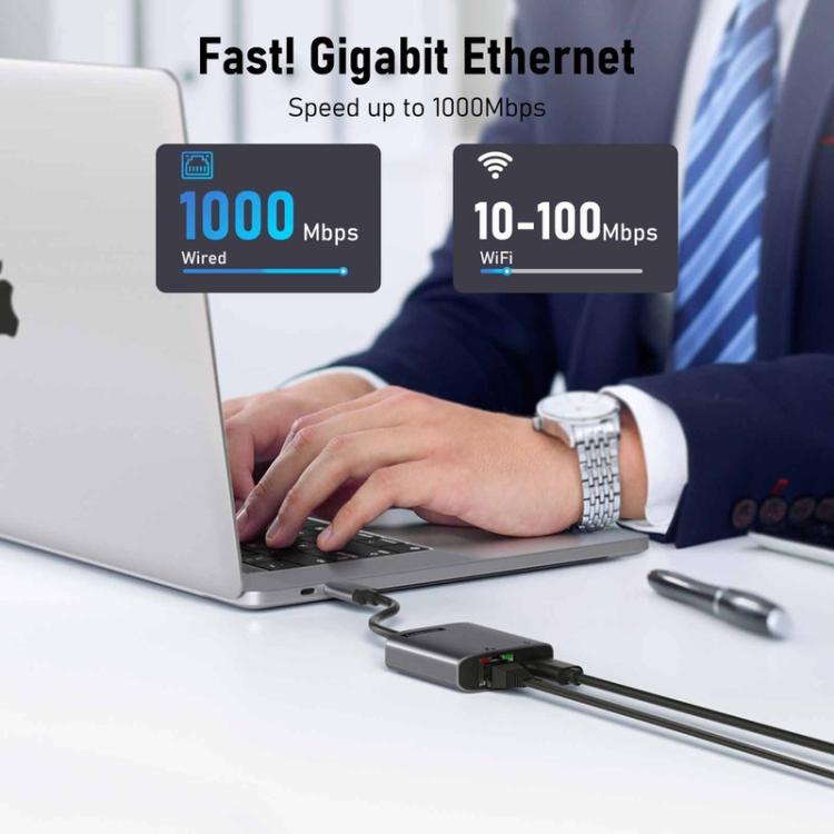 Lemorele TC35 USB-C-hubb / USB-C-adapter med Gigabit Ethernet, USB och PD-laddning – Grå