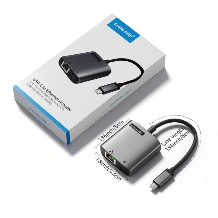Lemorele TC35 USB-C-hubb / USB-C-adapter med Gigabit Ethernet, USB och PD-laddning – Grå