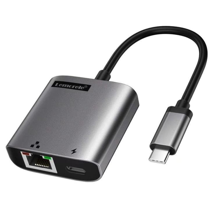 Lemorele TC35 USB-C-hubb / USB-C-adapter med Gigabit Ethernet, USB och PD-laddning – Grå