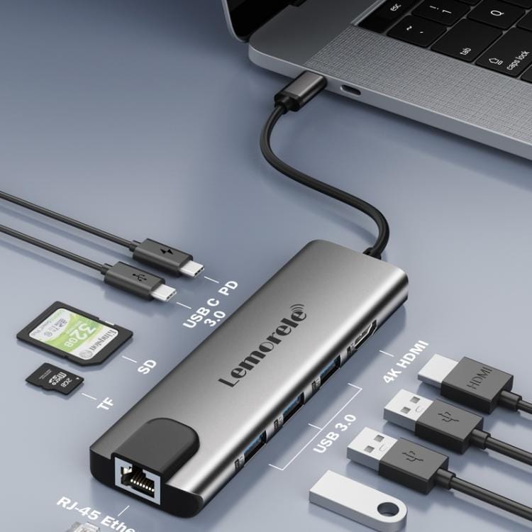 Lemorele TC39 9-i-1 USB-C-dockningsstation / USB-C-hubb med 4K HDMI, Gigabit Ethernet och 100 W PD