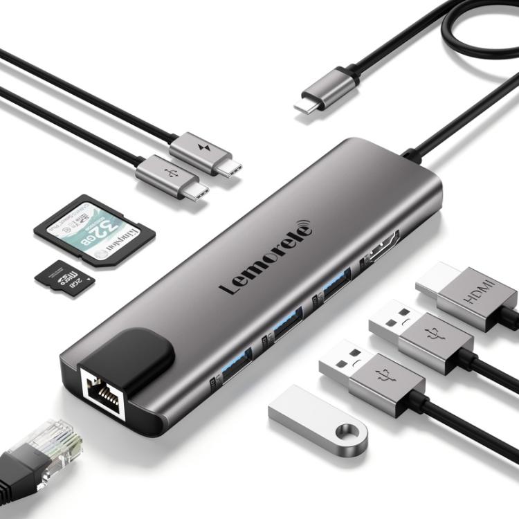 Lemorele TC39 9-i-1 USB-C-dockningsstation / USB-C-hubb med 4K HDMI, Gigabit Ethernet och 100 W PD