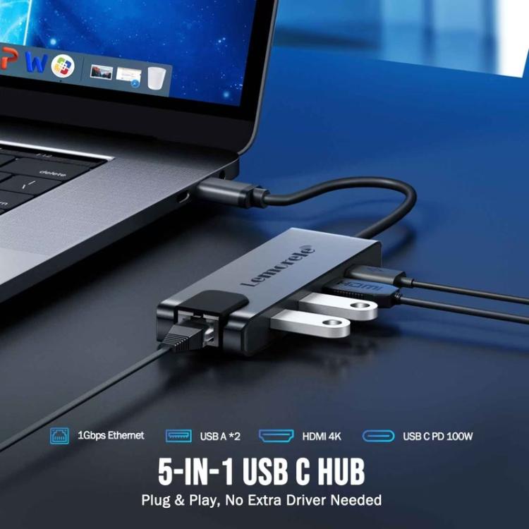 Lemorele TC24L 5-i-1 USB-C-dockningsstation / USB-C-hubb med 4K HDMI, USB 3.0, USB 2.0 och 100 W PD