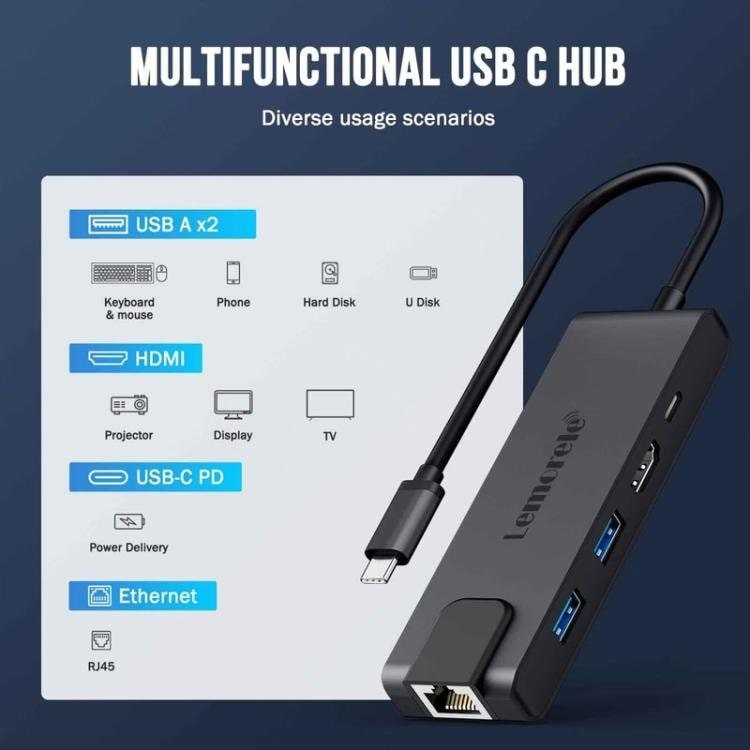 Lemorele TC24L 5-i-1 USB-C-dockningsstation / USB-C-hubb med 4K HDMI, USB 3.0, USB 2.0 och 100 W PD