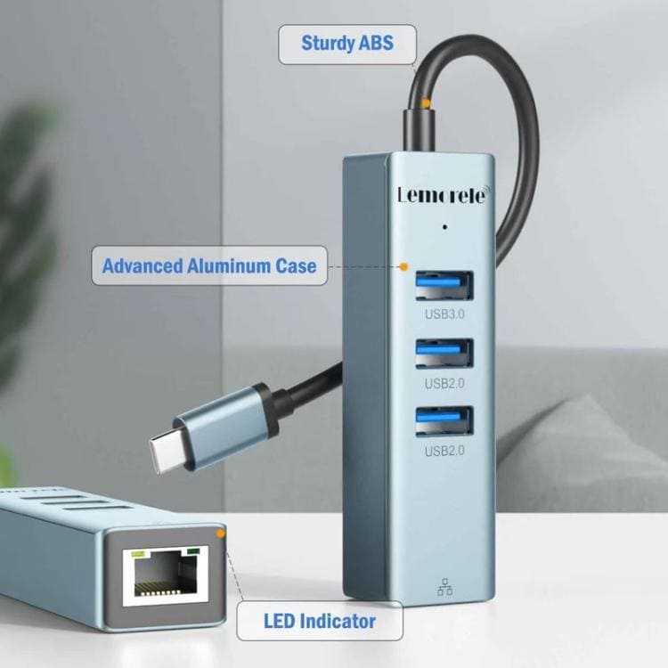 Lemorele USB-C Hubb TC43L 4-i-1 med Gigabit Ethernet och USB / USB-C-adapter / Nätverkshubb