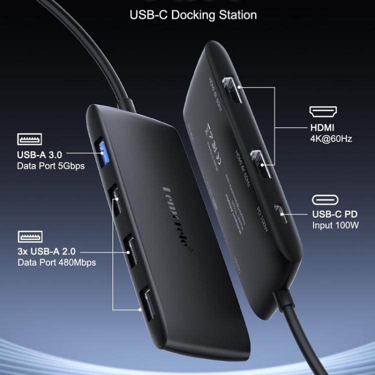 Lemorele Dockningsstation TC510 7-i-1 med HDMI 4K och 100W PD / USB-C-docka / Datorhubb