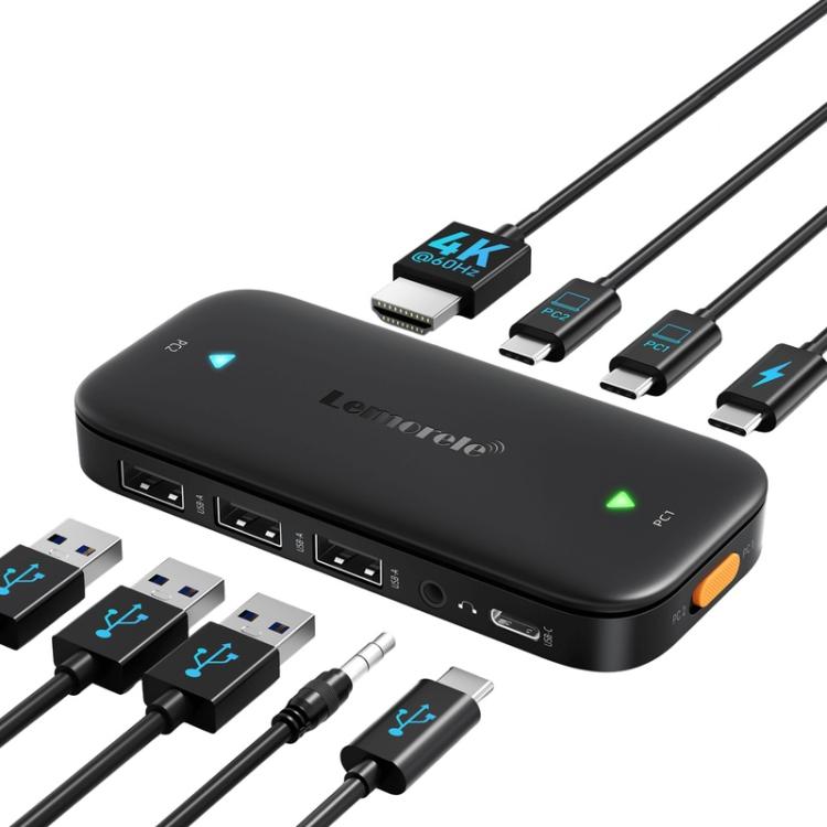 Lemorele KVM-switch H200 USB-C med HDMI 4K 60Hz och 100W PD / USB-C-växlare / Datorväxlare