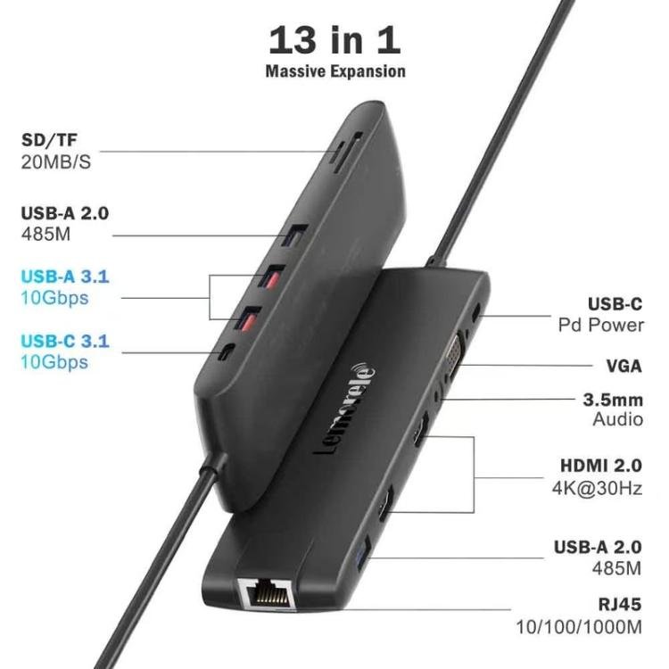 Lemorele Dockningsstation TC96 USB-C med HDMI 4K, Ethernet och PD-laddning / USB-dock / PC-hubb