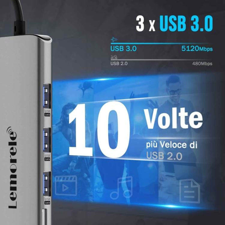 Lemorele Dockningsstation TC38L 8-i-1 med HDMI, Gigabit Ethernet och PD-laddning / PC-hubb / Docka