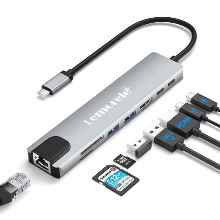 Lemorele Dockningsstation TC19L Plus 8-i-1 med HDMI 4K, Ethernet och 100W PD / USB-hubb / USB-dock