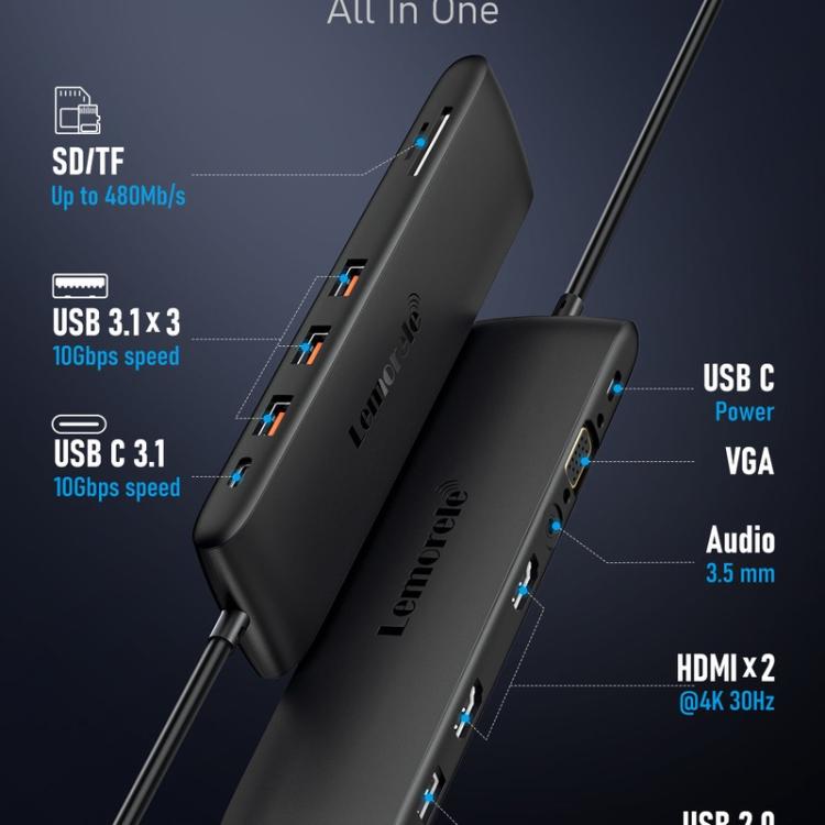 Lemorele Dockningsstation TC97 USB-C med HDMI 4K, Gigabit Ethernet och PD-laddning / PC-dock / Hubb