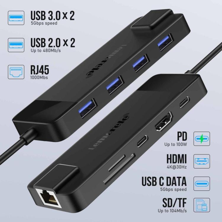 Lemorele Dockningsstation TC93 10-i-1 med HDMI, Gigabit Ethernet och PD-laddning / Docka / USB-hubb