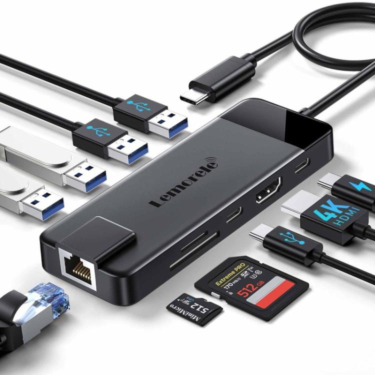 Lemorele Dockningsstation TC93 10-i-1 med HDMI, Gigabit Ethernet och PD-laddning / Docka / USB-hubb