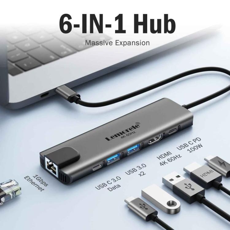 Lemorele Dockningsstation TC44L 6-i-1 med HDMI 4K, kortläsare och 100W PD / USB-C-hubb / PD-docka