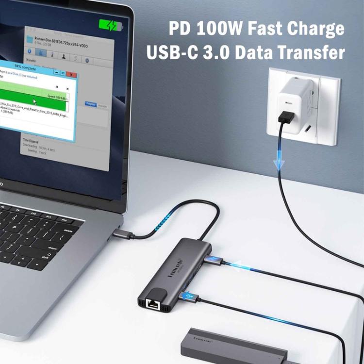 Lemorele Dockningsstation TC44L 6-i-1 med HDMI 4K, kortläsare och 100W PD / USB-C-hubb / PD-docka